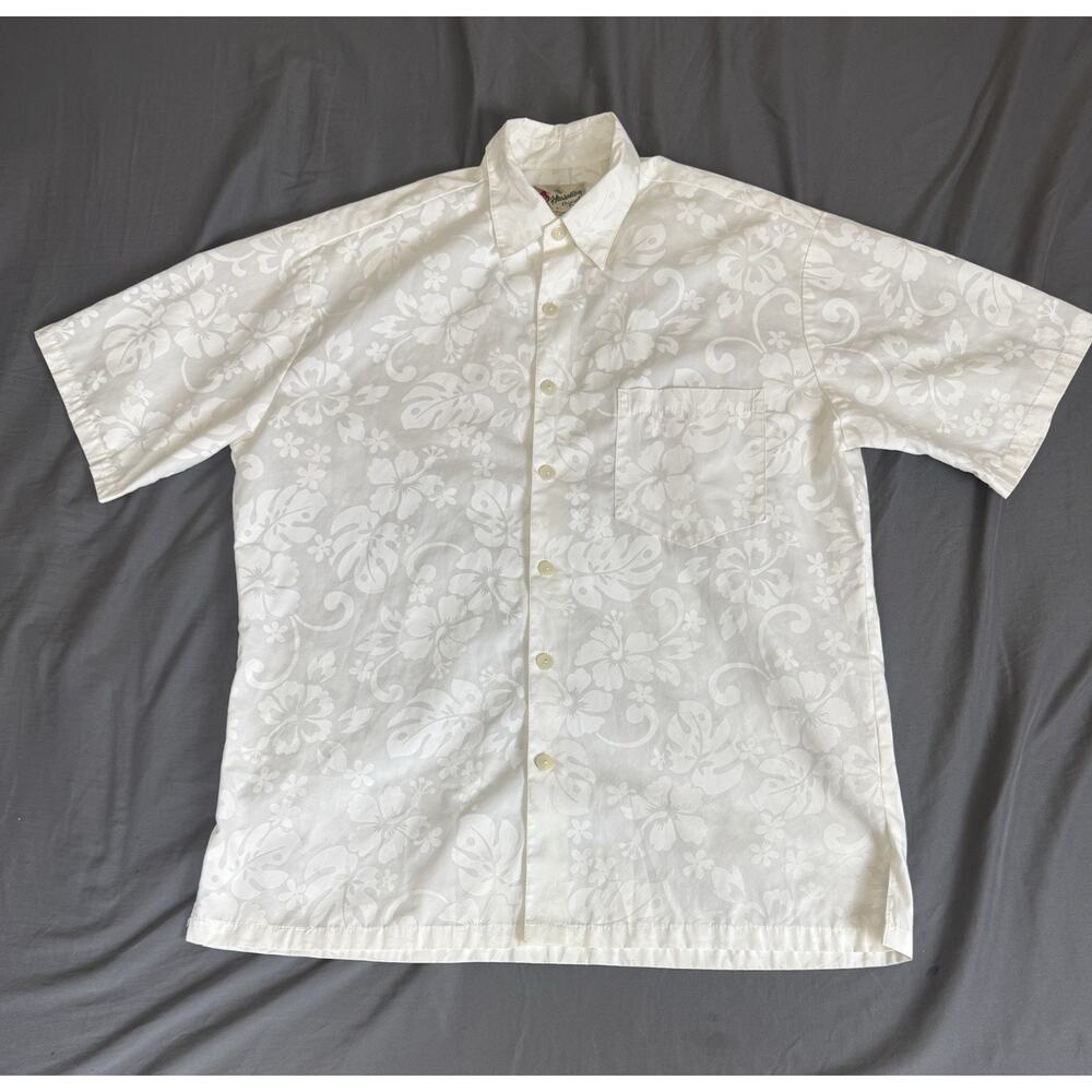 Vintage Hilo Hattie Hawaiian Shirt Men’s M All White Floral Aloha Cotton Blend
